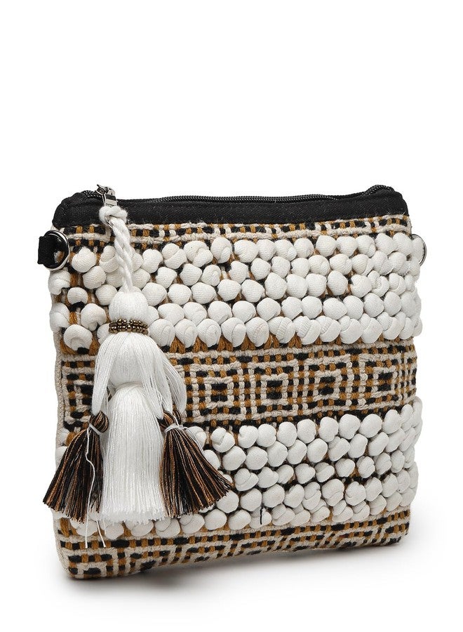 Anekaant Boho White, Black and Mustard Knot Stich Striped Canvas Dari Sling Bag - Image 4